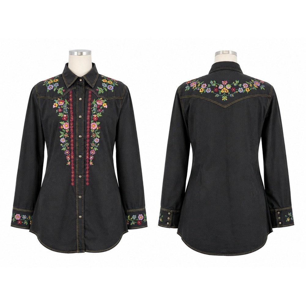 Fashion On The Run Embroidered Floral Western Shirt Womens S/M Black Boho